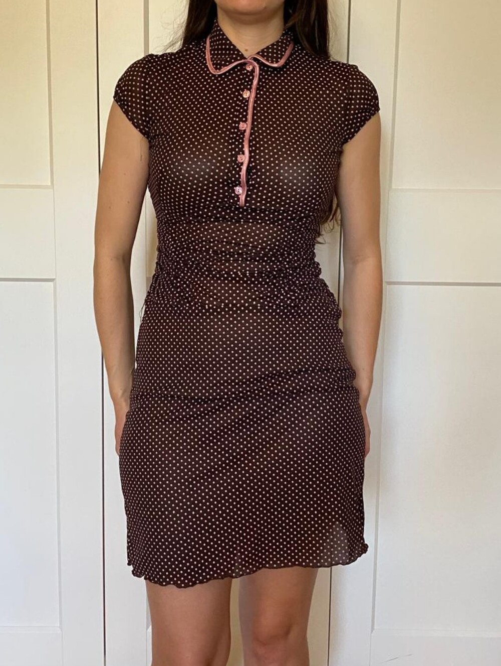 Vintage Pink Polka Dot Mesh Dress With Button Up Neckline Sheer
